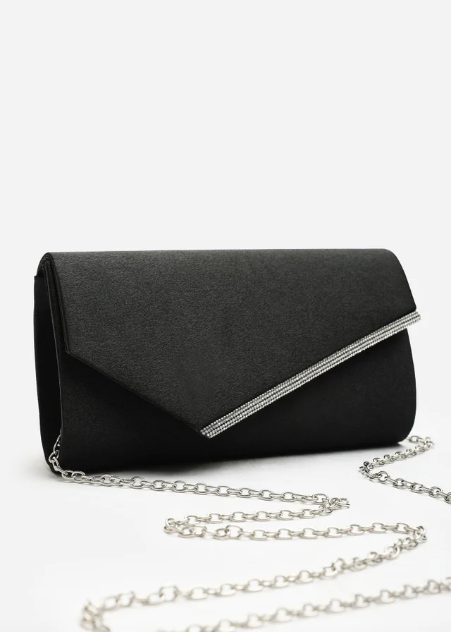 Where's That From Hivelle Black Satin Envelope Clutch Bag With Silver Diamante Detail