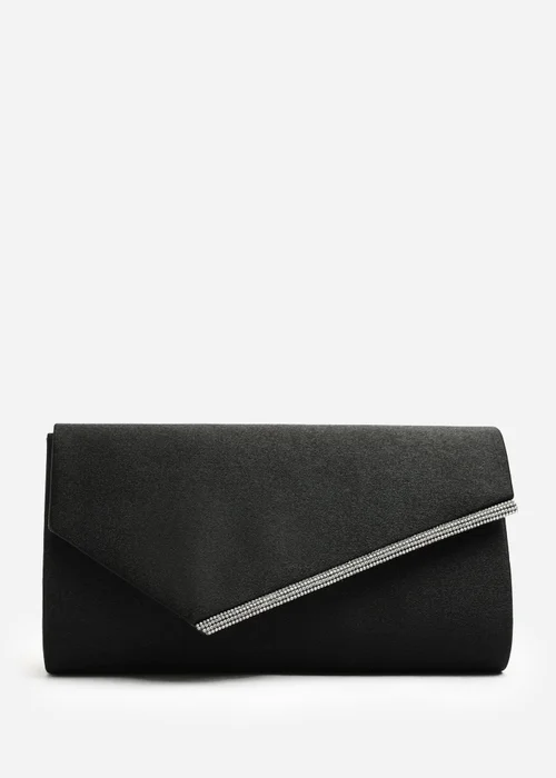 Where's That From Hivelle Black Satin Envelope Clutch Bag With Silver Diamante Detail - One Size Image 3