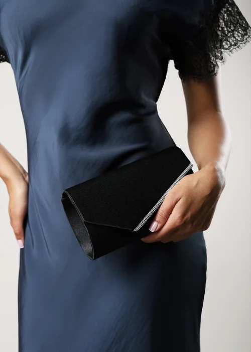 Where's That From Hivelle Black Satin Envelope Clutch Bag With Silver Diamante Detail - One Size Image 6