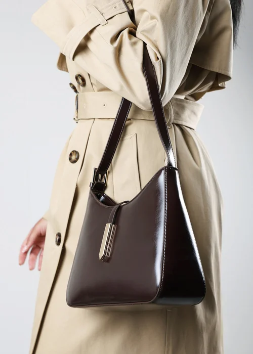 Where's That From Grivya Dark Brown High Shine Faux Leather Shoulder Bag With Trim Detail - One Size Image 6
