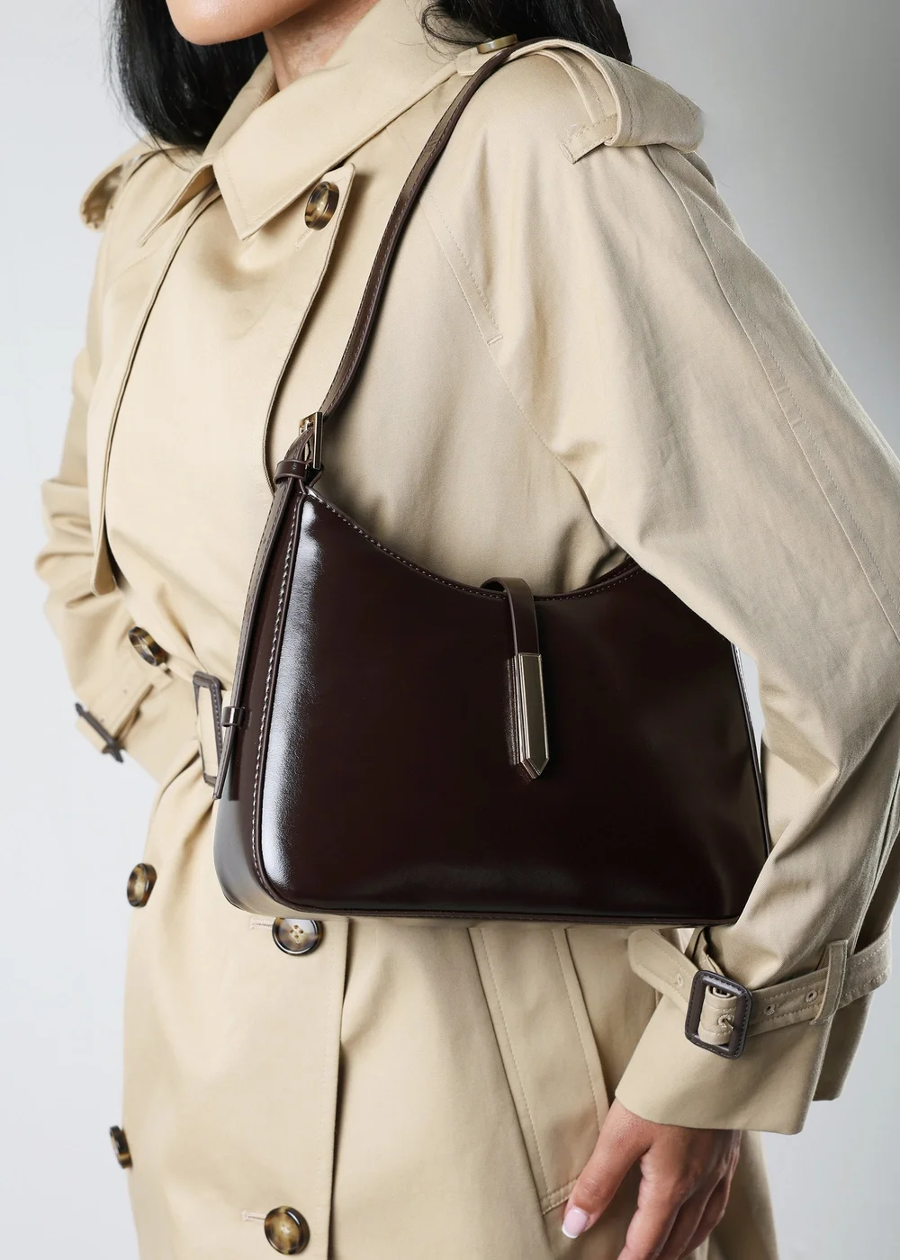 Where's That From Grivya Dark Brown High Shine Faux Leather Shoulder Bag With Trim Detail - One Size Image 2