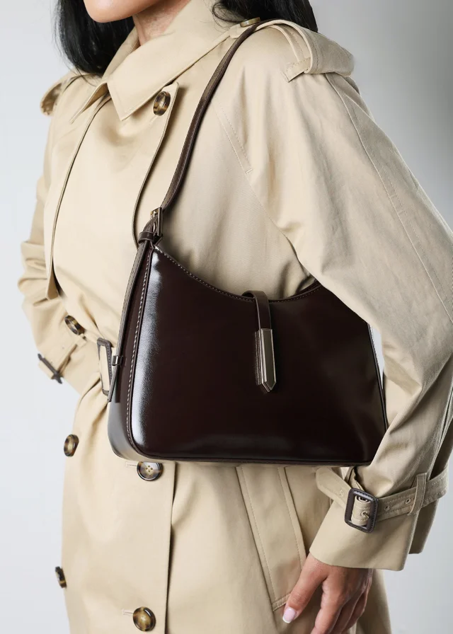 Where's That From Grivya Dark Brown High Shine Faux Leather Shoulder Bag With Trim Detail