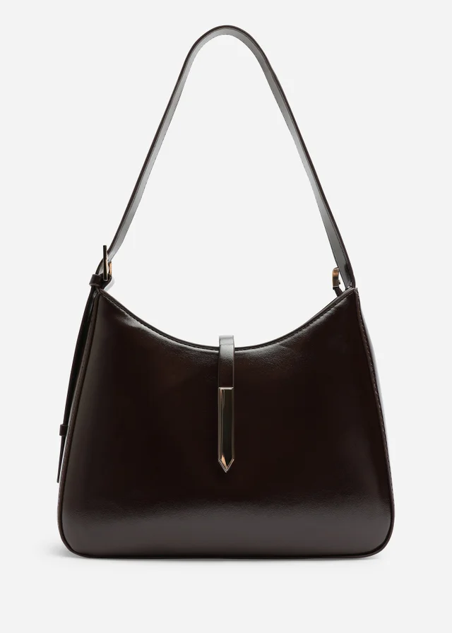 Where's That From Grivya Dark Brown High Shine Faux Leather Shoulder Bag With Trim Detail