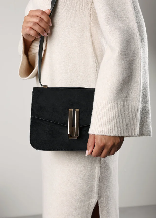 Where's That From Gelora Black Faux Suede Cross Body Bag With Clasp Detail