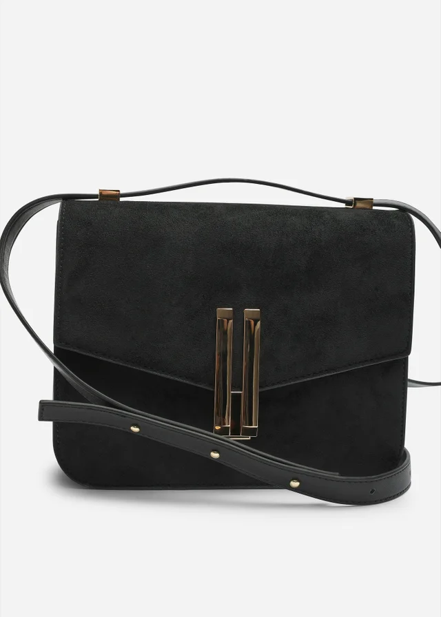 Where's That From Gelora Black Faux Suede Cross Body Bag With Clasp Detail