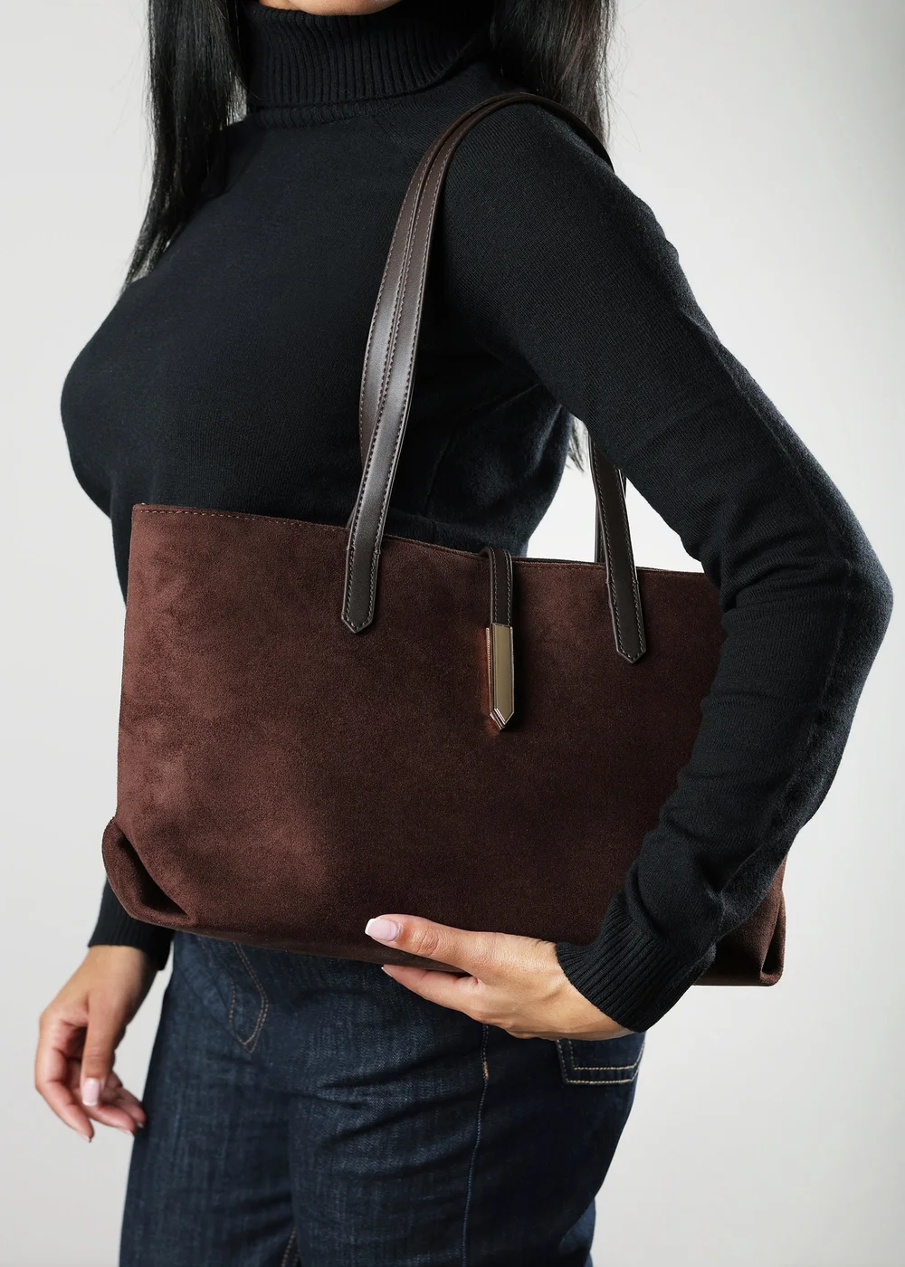 Where's That From Grexina Brown Faux Suede Tote Bag With Trim Detail - One Size Image 5