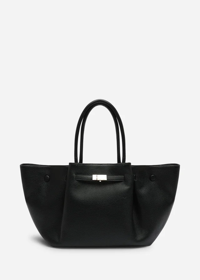 Where's That From Dove Black Faux Leather Winged Tote Bag With Belt Lock Detail