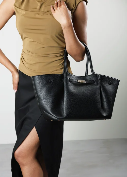 Where's That From Dove Black Faux Leather Winged Tote Bag With Belt Lock Detail - One Size Image 2