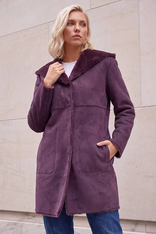 Roman Wine Petite Faux Sheepskin Hooded Coat - 18 Image 3