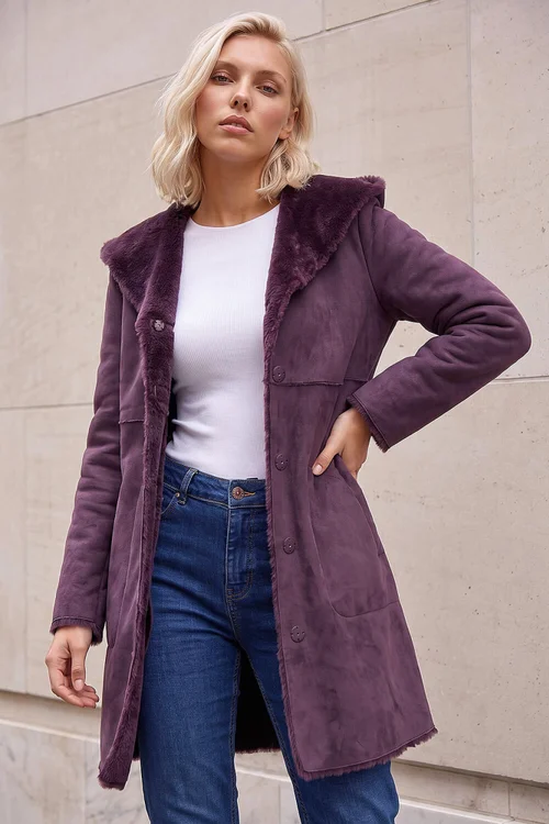 Roman Wine Petite Faux Sheepskin Hooded Coat - 18 Image 1