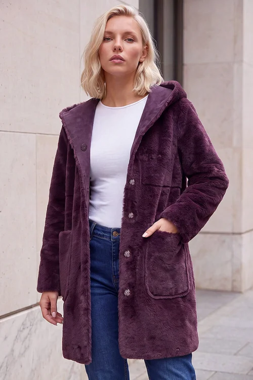 Roman Wine Petite Faux Sheepskin Hooded Coat - 18 Image 2
