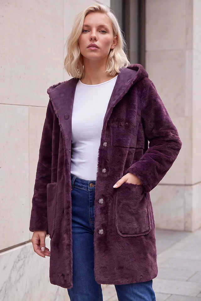 Roman Wine Petite Faux Sheepskin Hooded Coat
