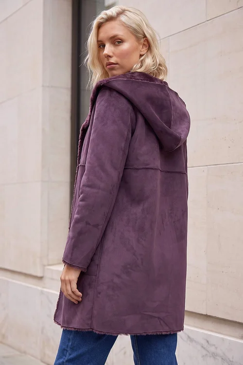 Roman Wine Petite Faux Sheepskin Hooded Coat - 18 Image 4