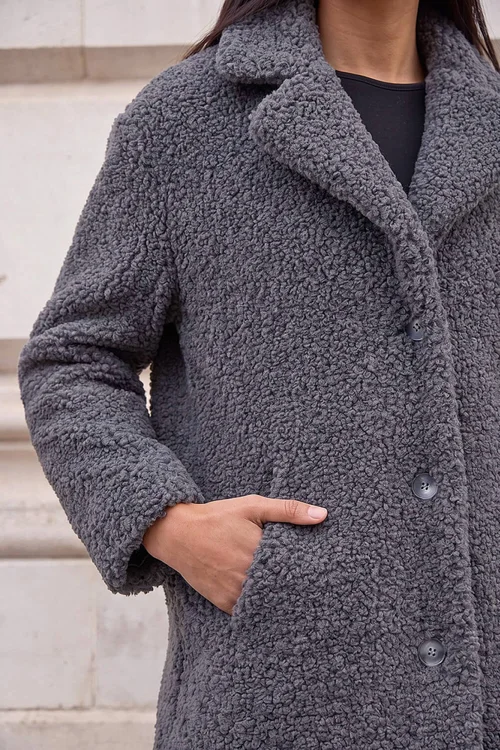 Roman Dark Grey Petite Teddy Longline Coat - 10 Image 4