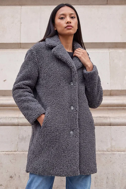 Roman Dark Grey Petite Teddy Longline Coat - 10 Image 1