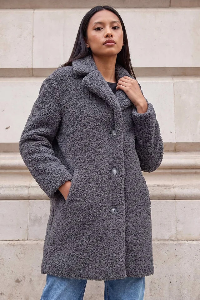 Roman Dark Grey Petite Teddy Longline Coat