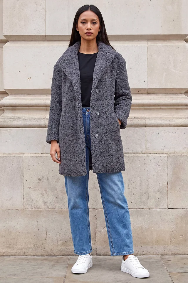Roman Dark Grey Petite Teddy Longline Coat