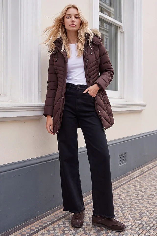 Roman Chocolate Petite Hooded Longline Quilted Coat