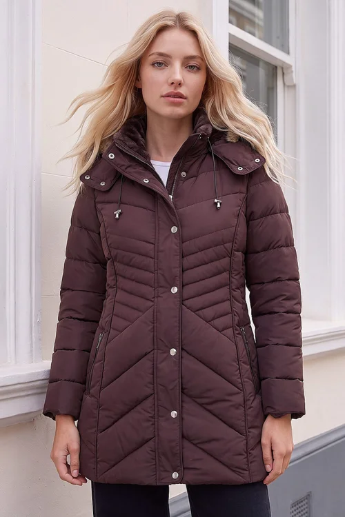 Roman Chocolate Petite Hooded Longline Quilted Coat - 16 Image 1