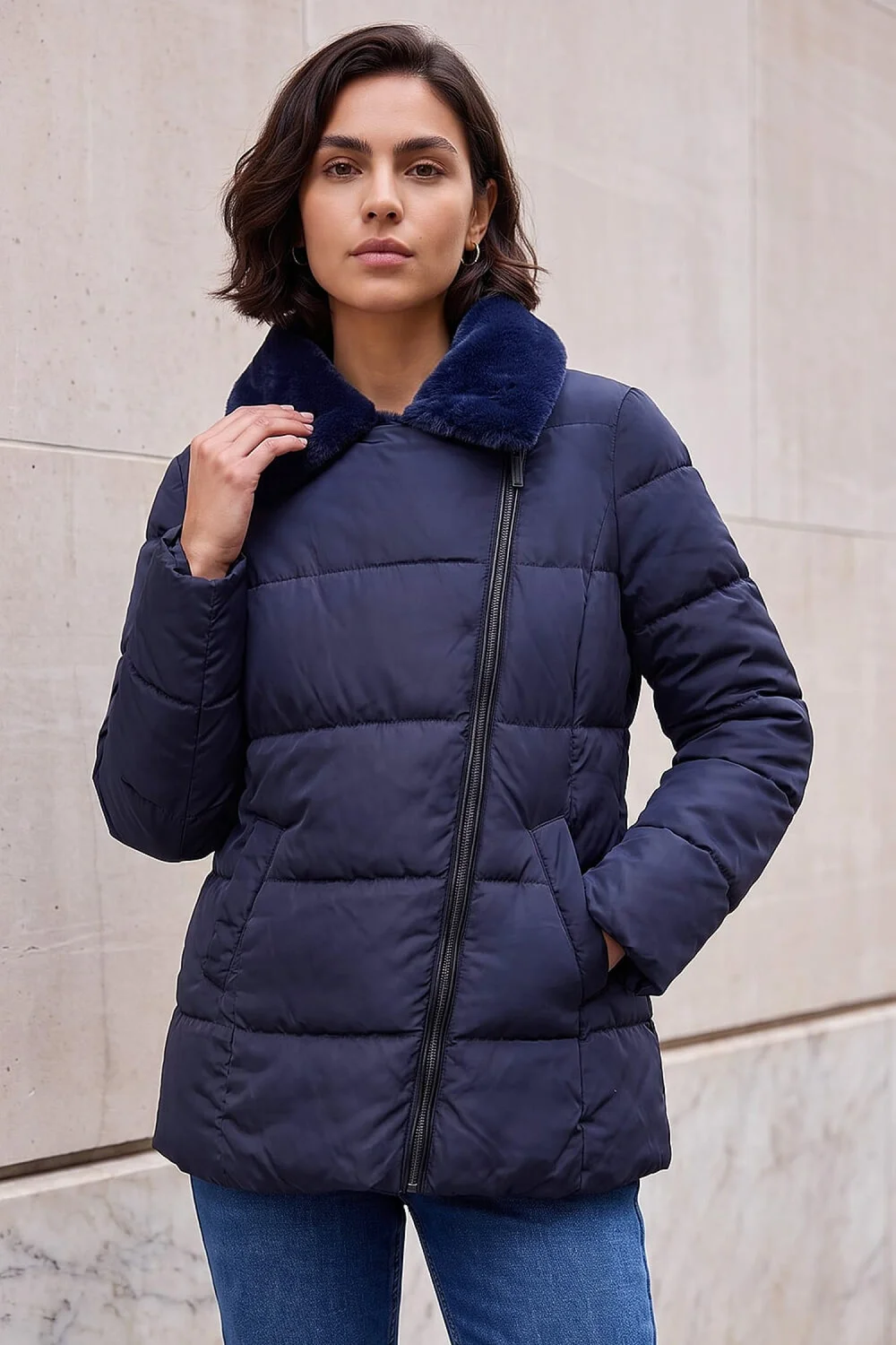 Roman Midnight Blue Padded Biker Coat - 12 Image 2