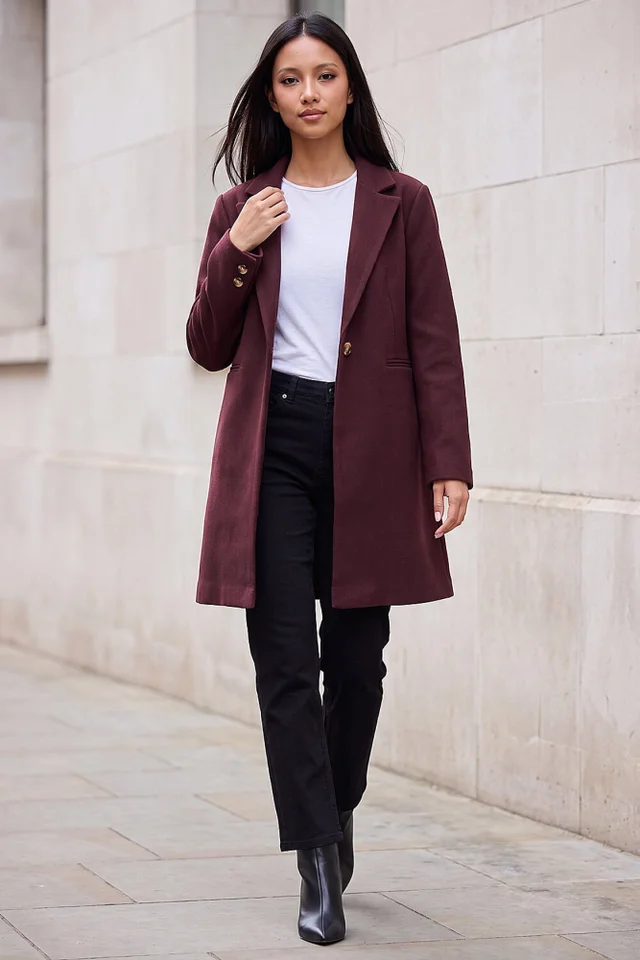 Roman Wine Petite Single Breasted Revere Coat