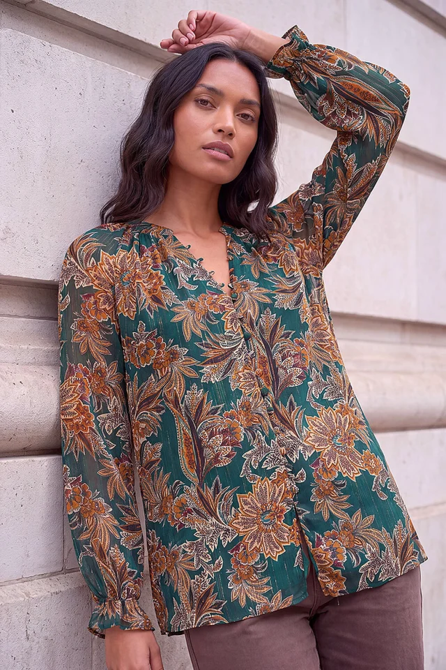 Roman Green Metallic Floral Bls