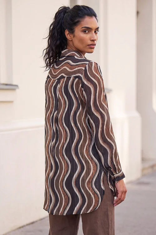Roman Chocolate Wave Print Satin Stripe Shirt - 14 Image 3