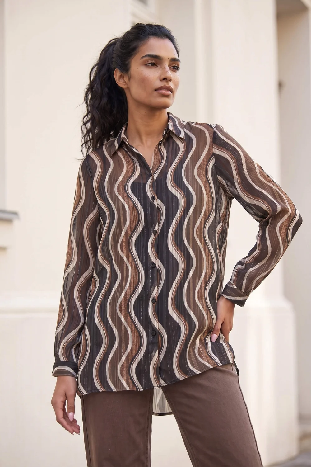 Roman Chocolate Wave Print Satin Stripe Shirt - 14 Image 1