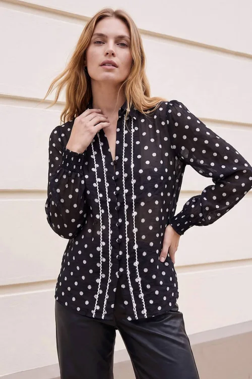Roman Black Polka Dot Print Trim Shirt - 10 Image 2