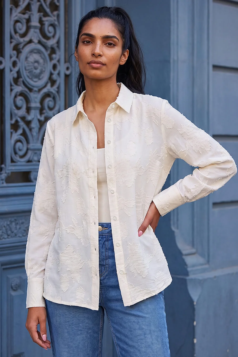Roman Cream Floral Textured Collared Shirt - 20 Image 1