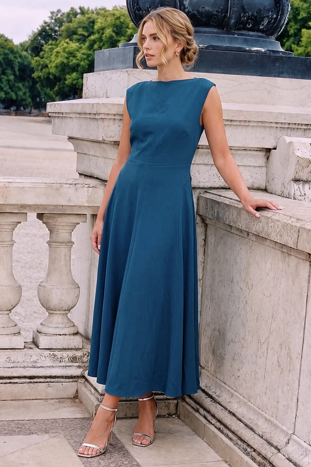 Roman Teal Fit & Flare Midi Dress