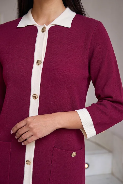 Roman Wine Contrast Collar Knitted Dress - 12 Image 4