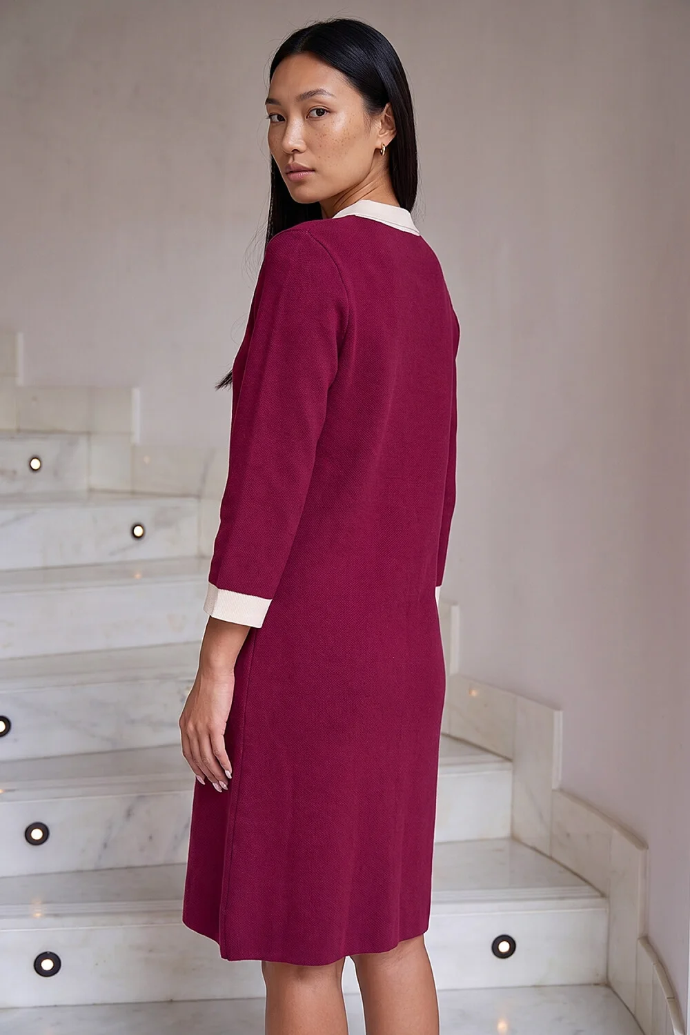 Roman Wine Contrast Collar Knitted Dress - 12 Image 3