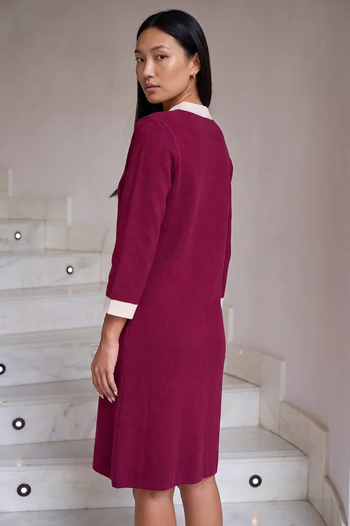Roman Wine Contrast Collar Knitted Dress - 12 Image 3