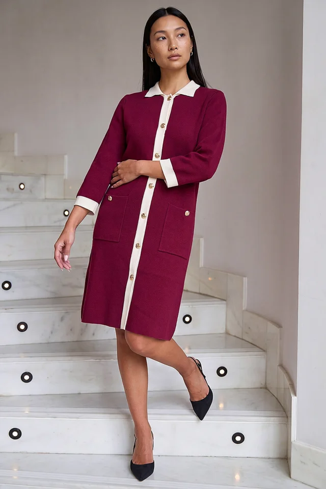 Roman Wine Contrast Collar Knitted Dress