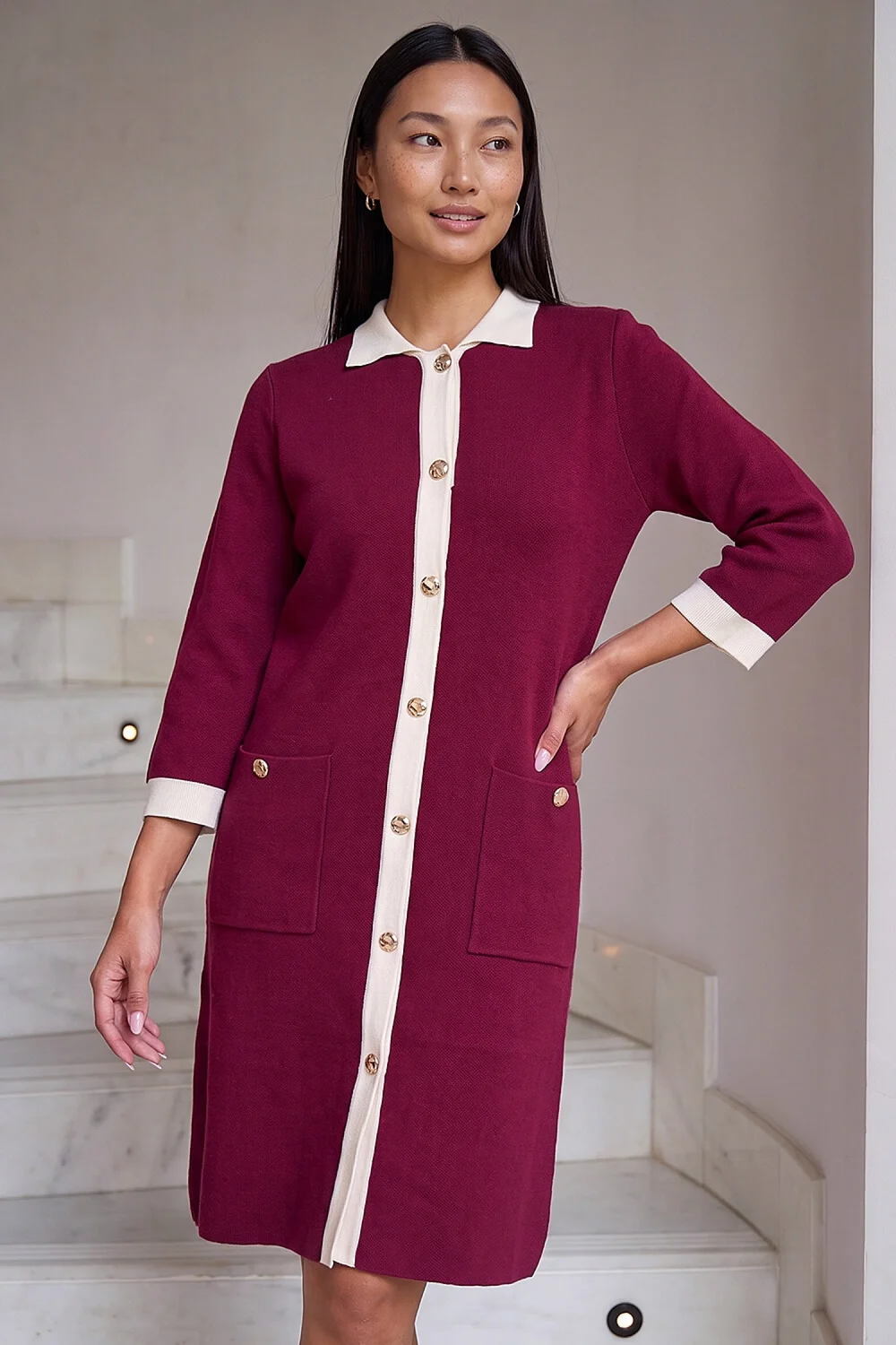 Roman Wine Contrast Collar Knitted Dress - 12 Image 1