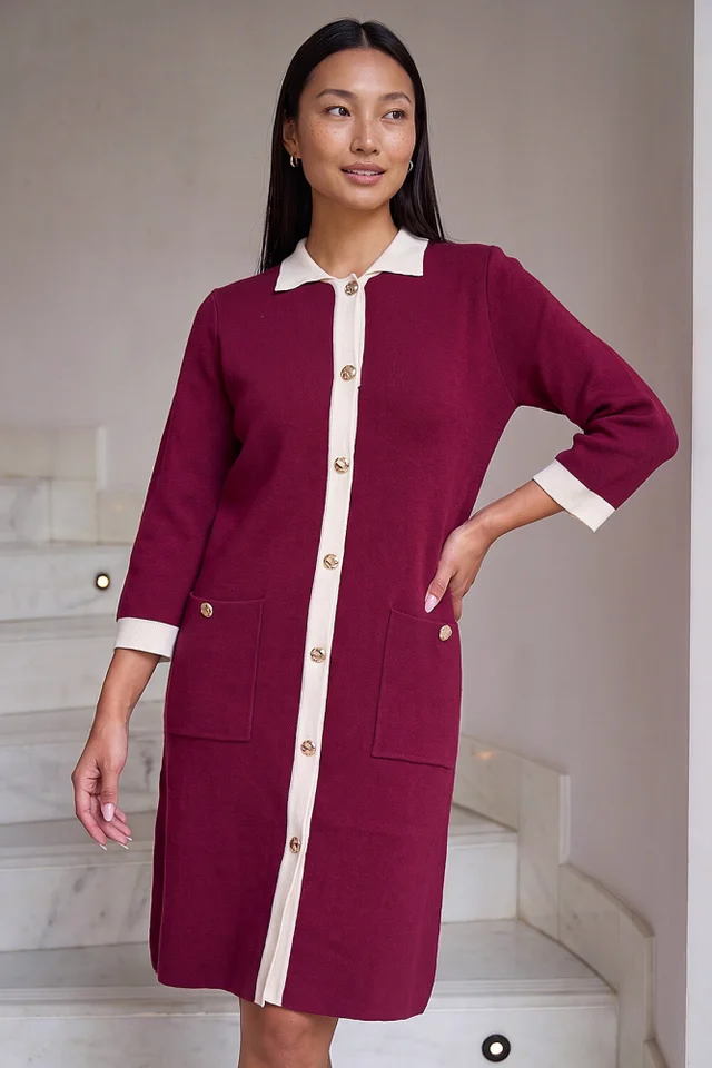 Roman Wine Contrast Collar Knitted Dress