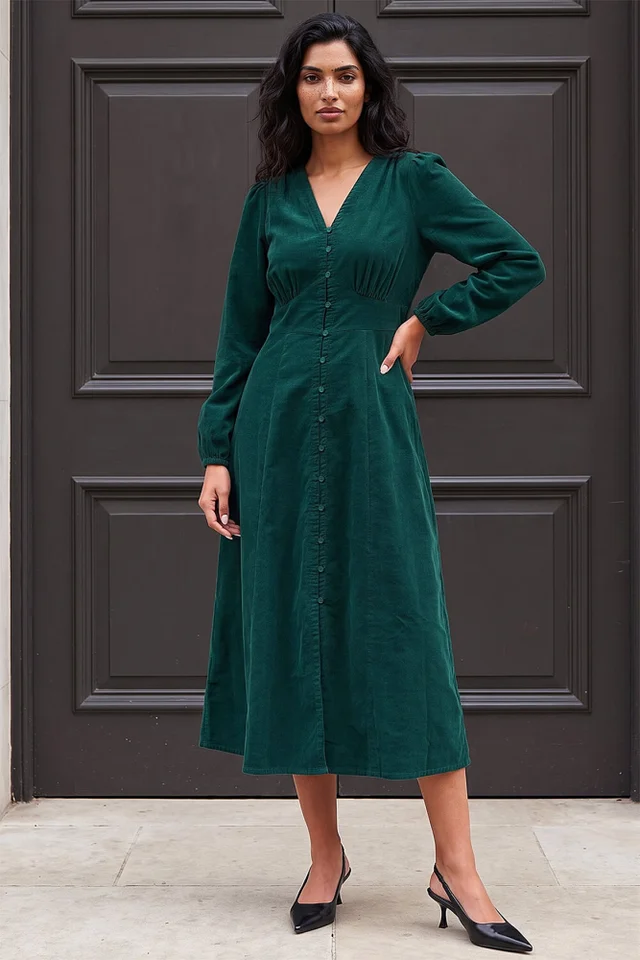 Roman Dark Green Corduroy Button Through Midi Dress