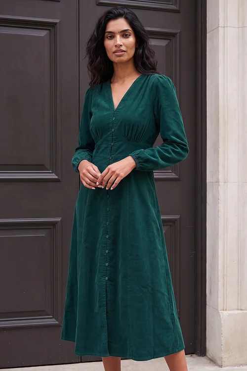 Roman Dark Green Corduroy Button Through Midi Dress - 14 Image 1