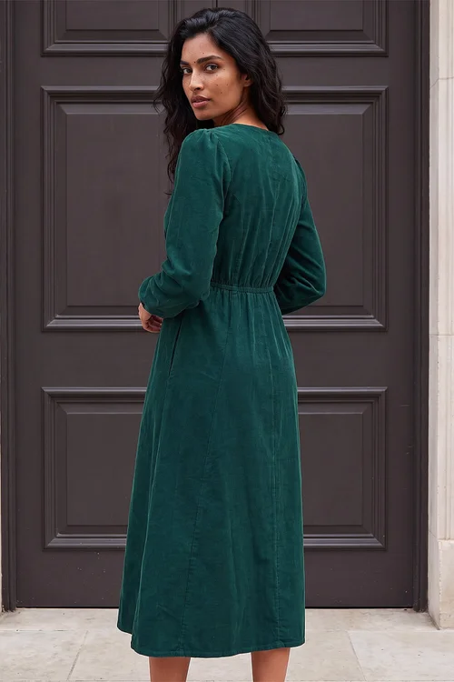 Roman Dark Green Corduroy Button Through Midi Dress - 14 Image 3