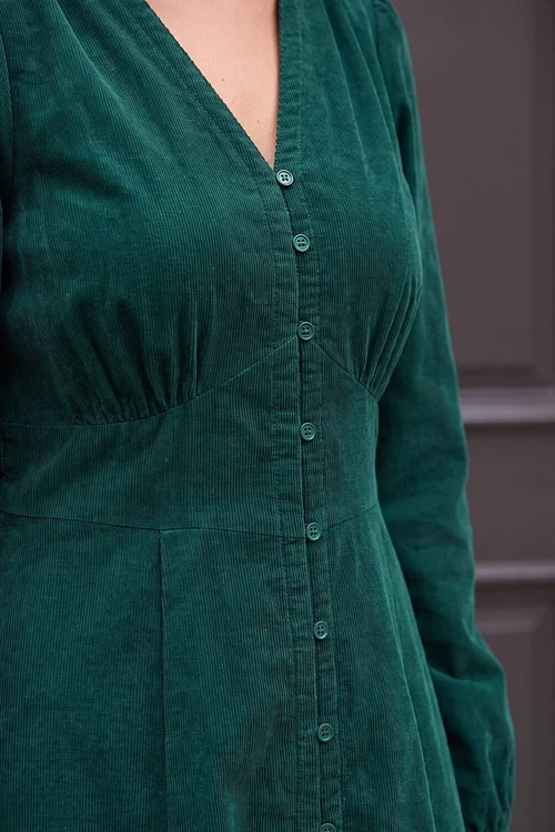 Roman Dark Green Corduroy Button Through Midi Dress - 14 Image 4