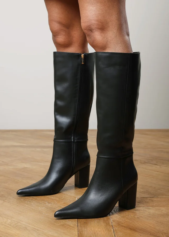 Where's That From Evixa Black Knee High Pointed Toe Block Heel Boot