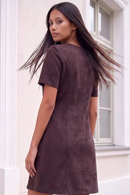 Roman Dark Brown Petite Faux Suede Stitched Dress - 12 Image 3