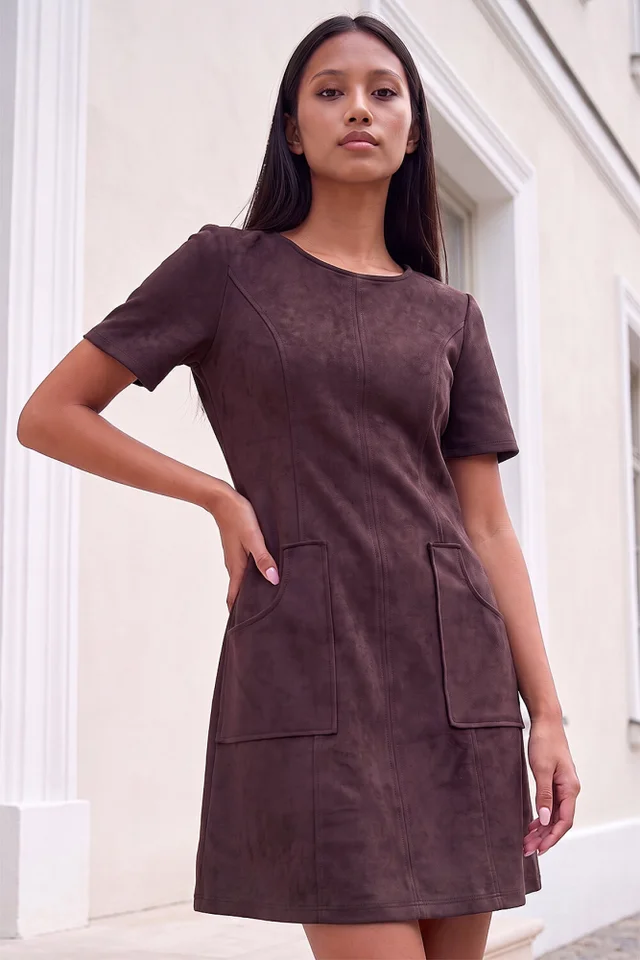 Roman Dark Brown Petite Faux Suede Stitched Dress