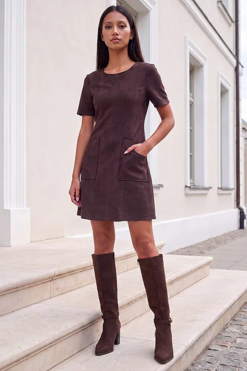 Roman Dark Brown Petite Faux Suede Stitched Dress - 12 Image 2