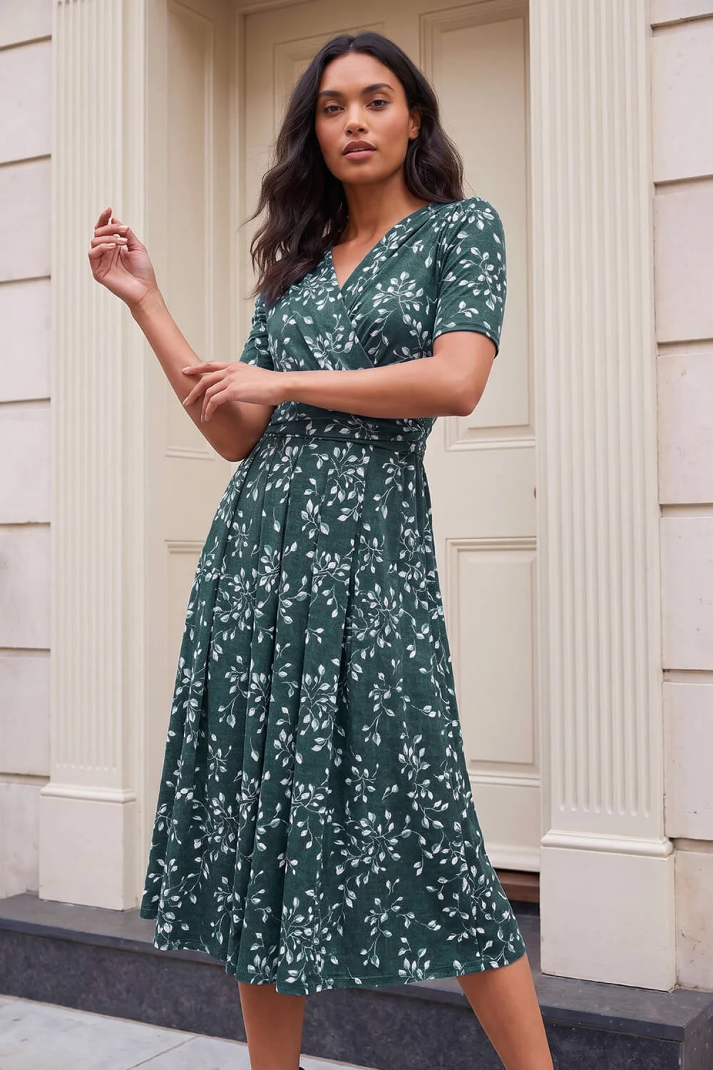 Roman Teal Leaf Wrap Bodice Dress - 14 Image 1