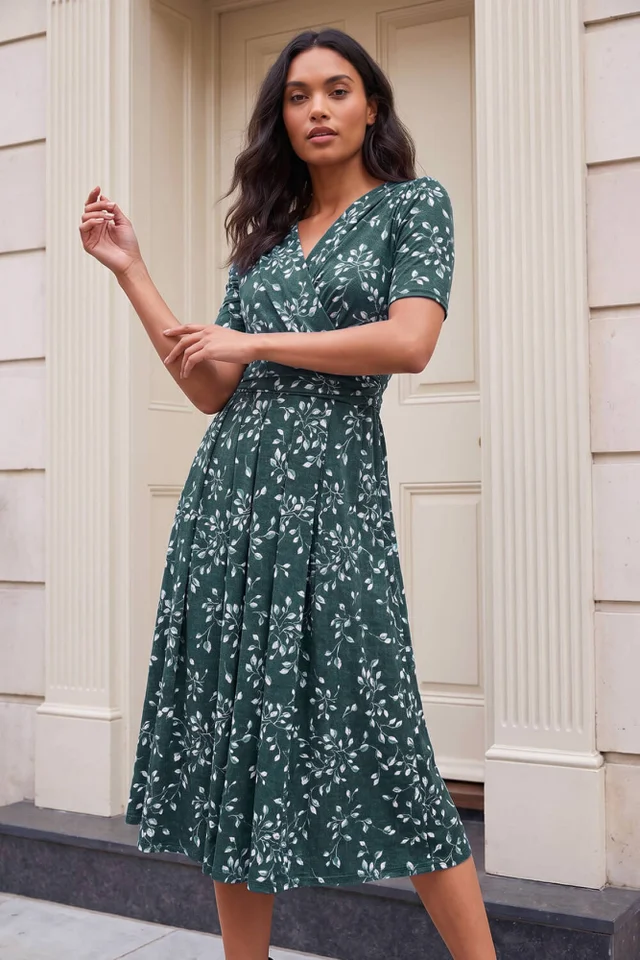 Roman Teal Leaf Wrap Bodice Dress