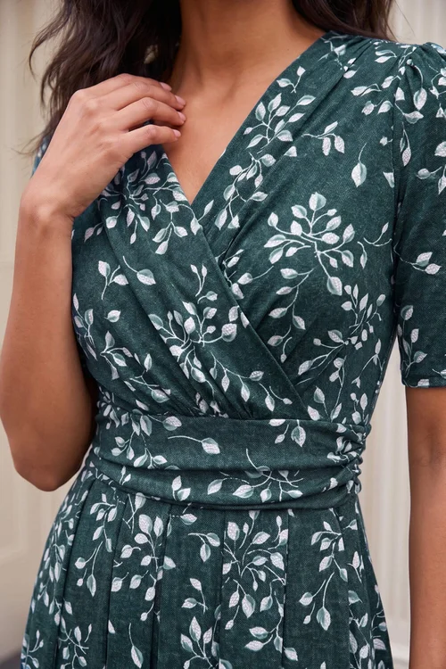 Roman Teal Leaf Wrap Bodice Dress - 14 Image 4