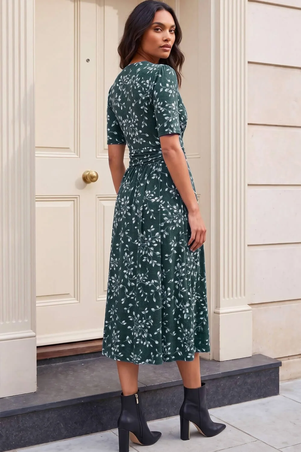 Roman Teal Leaf Wrap Bodice Dress - 14 Image 3