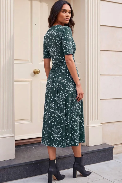 Roman Teal Leaf Wrap Bodice Dress - 14 Image 3